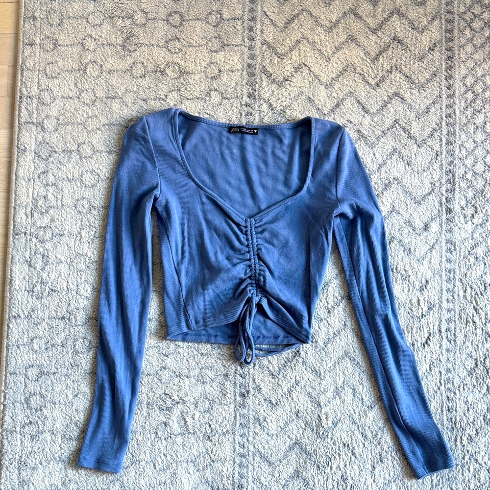 Blue Long Sleeve Ruched Top Zara
